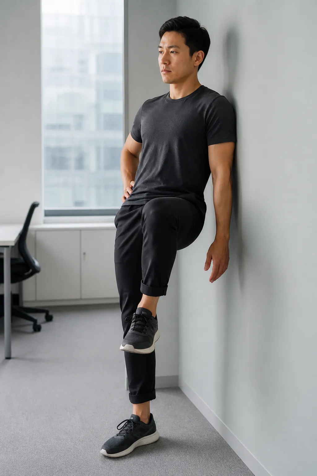 Person beside a wall lifting the hip for a side-hip strength move