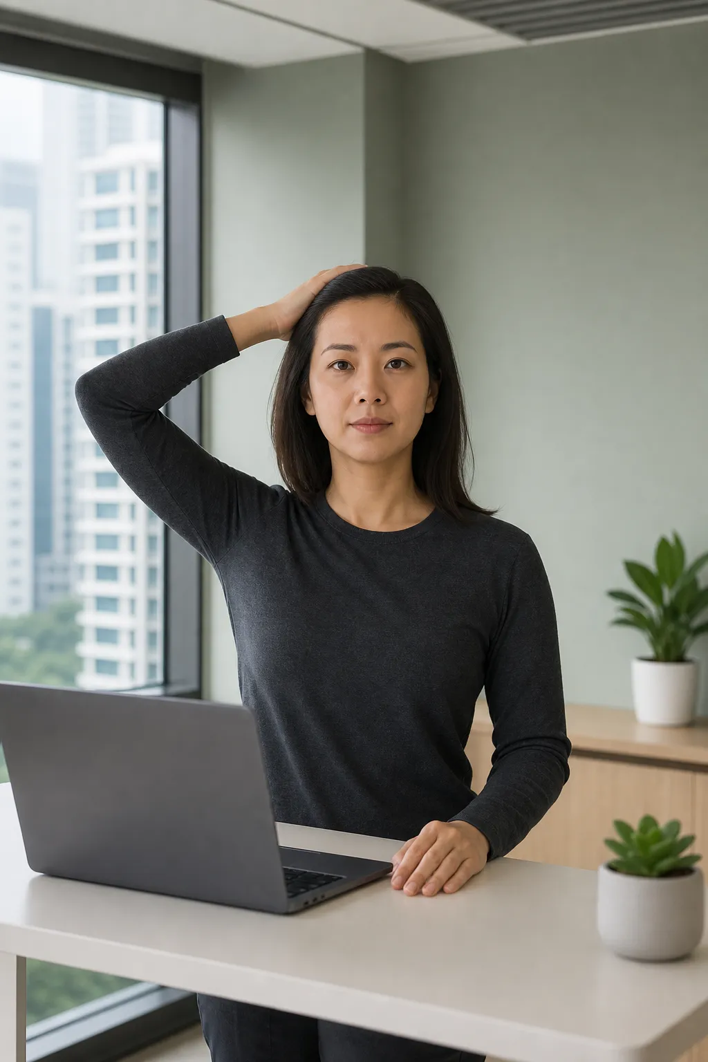Person at a desk pressing the hand against the side of the head for a still neck hold