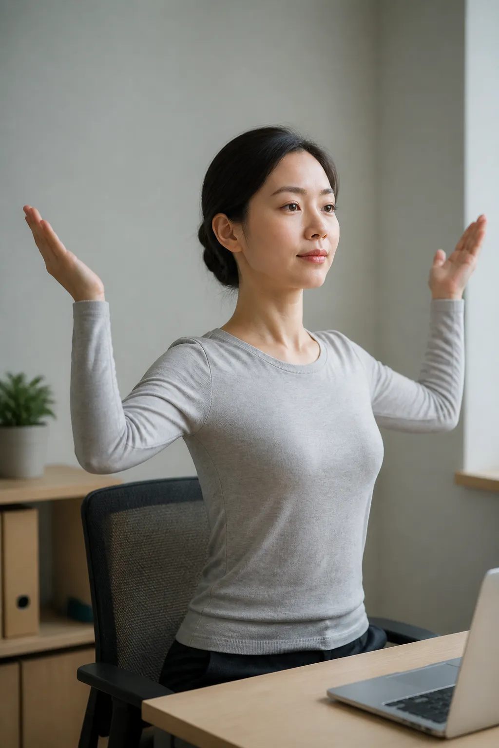 Person with arms raised squeezing the shoulder blades for desk posture
