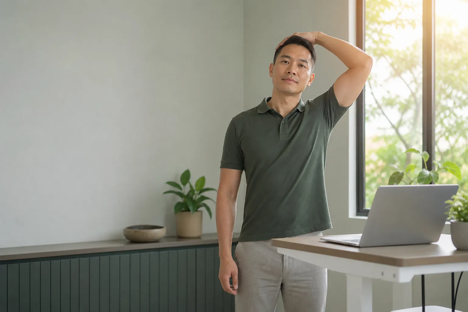Person beside a desk doing a still neck hold for better posture