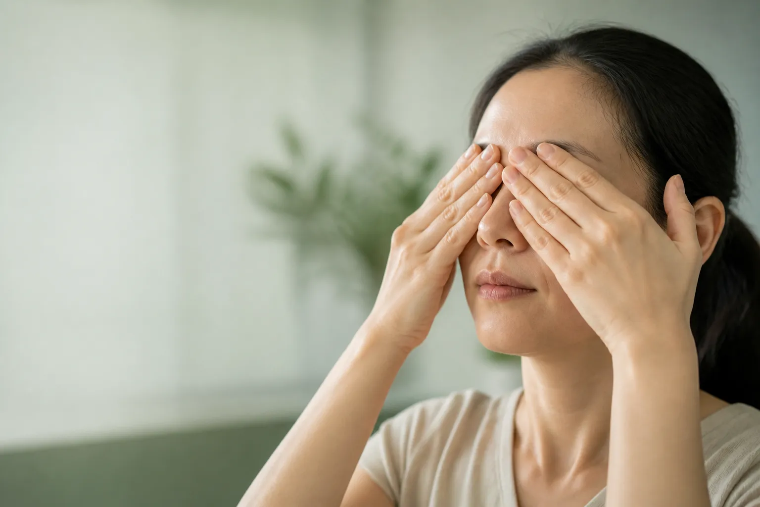 Warm palms covering closed eyes for Chinese eye exercises