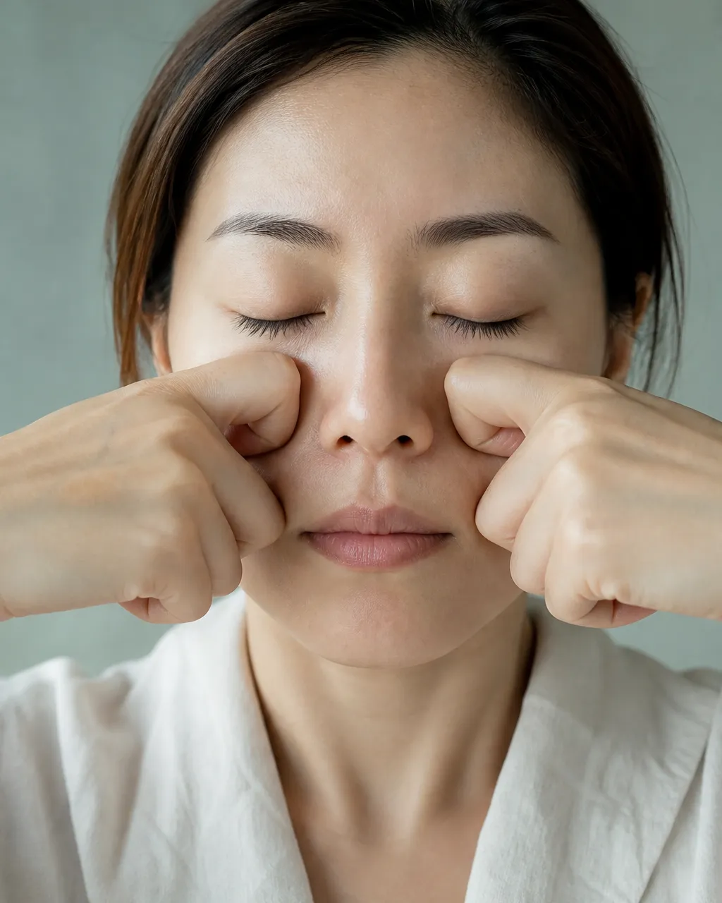 Curled fingers with knuckles pressing the lower eye socket for eye strain massage