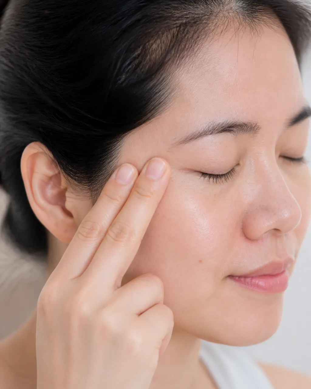 Fingers pressing Tai Yang EX-HN5 at the temple for eye strain