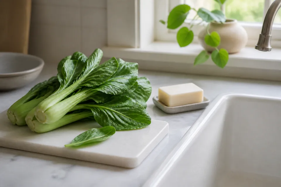 Leafy greens and hand soap by a clean sink for Day 1 immune hygiene habits