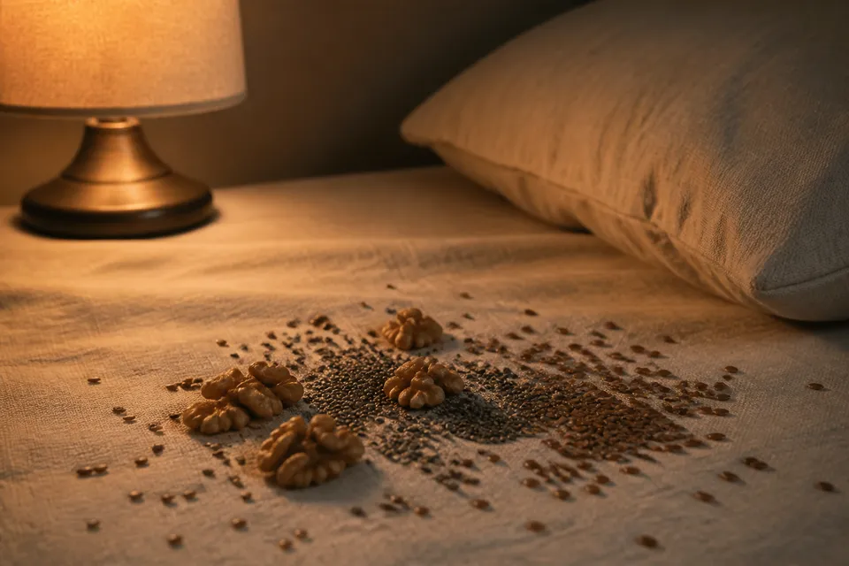 Walnuts and seeds beside a dim bedside lamp for Day 3 sleep and Omega-3 habits