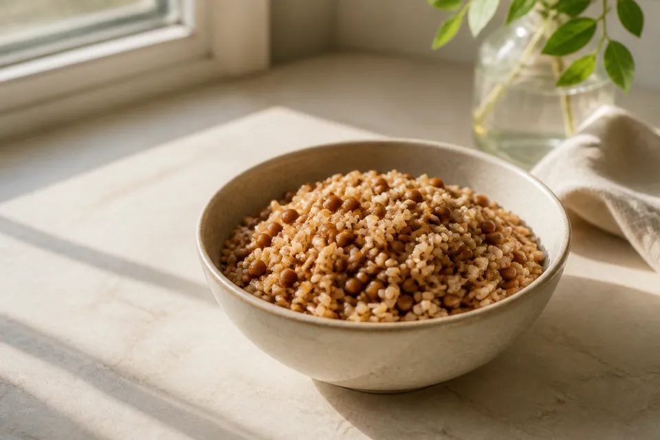 Bowl of brown rice and legumes in morning sunlight for Day 4 immune habits