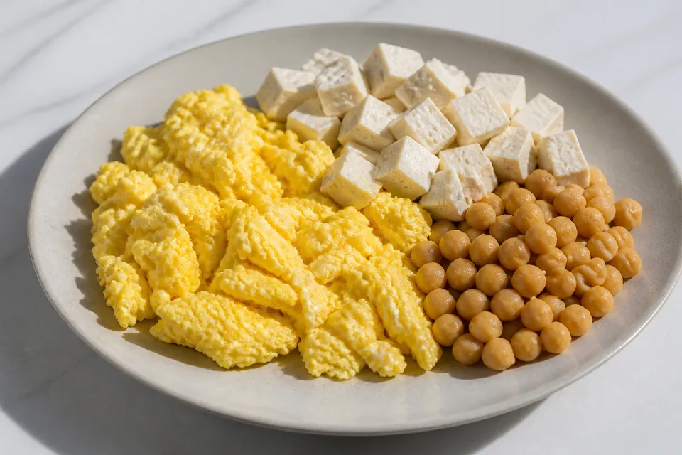 Plate with eggs, tofu, and chickpeas for Day 7 quality protein habits