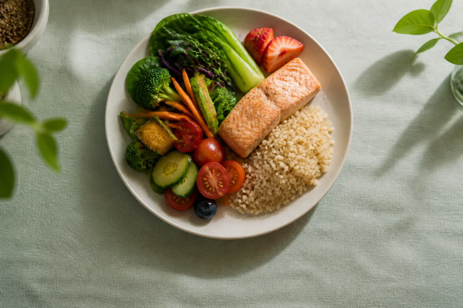 Balanced plate with vegetables, fruit, lean protein, and wholegrains on a pale linen table