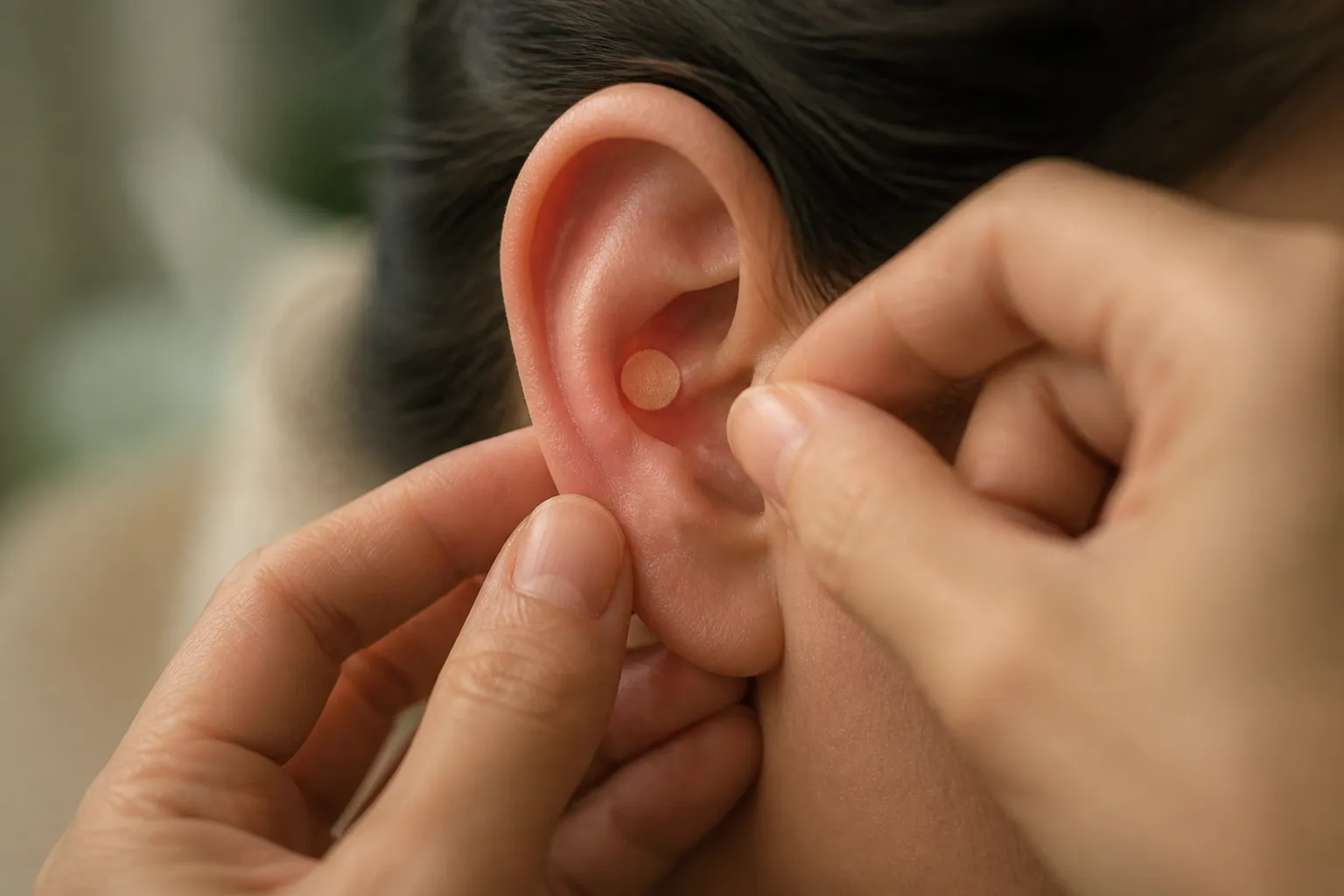Hands placing a Vaccaria ear seed during auriculotherapy at PULSE TCM
