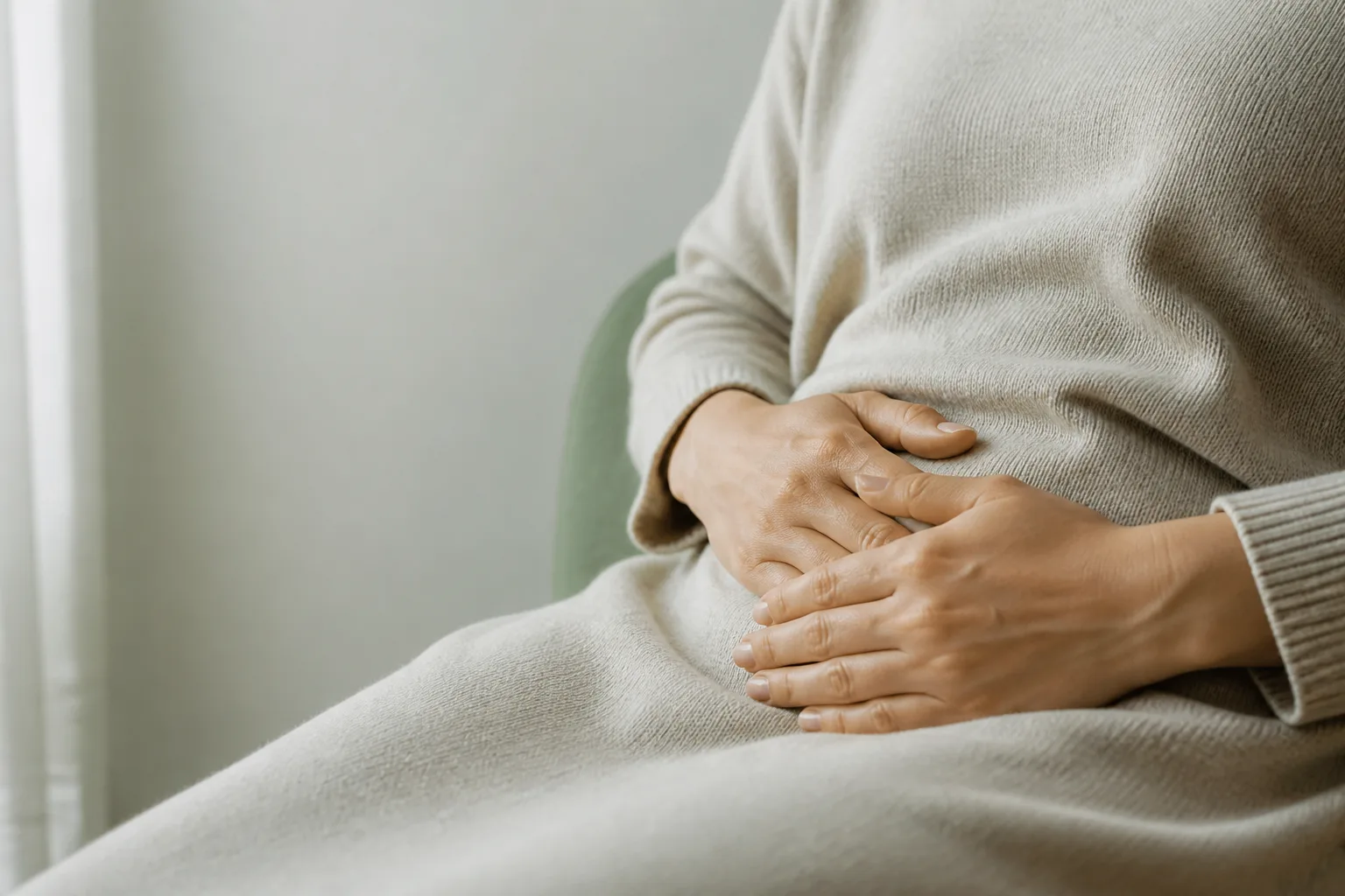 Hands resting gently on the lower abdomen during quiet bloating self-care