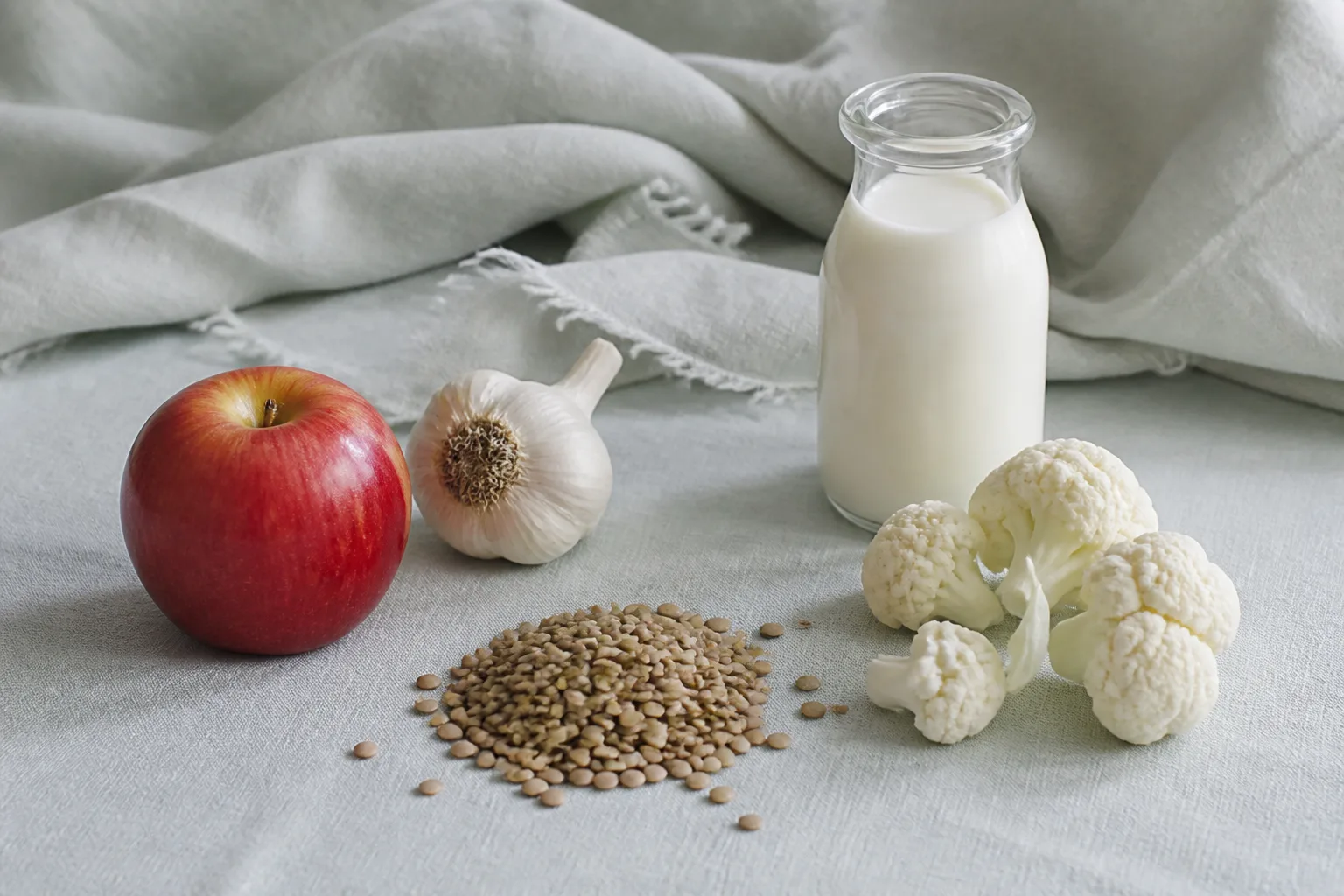 Apple, garlic, beans, and dairy foods that often raise FODMAP bloating load
