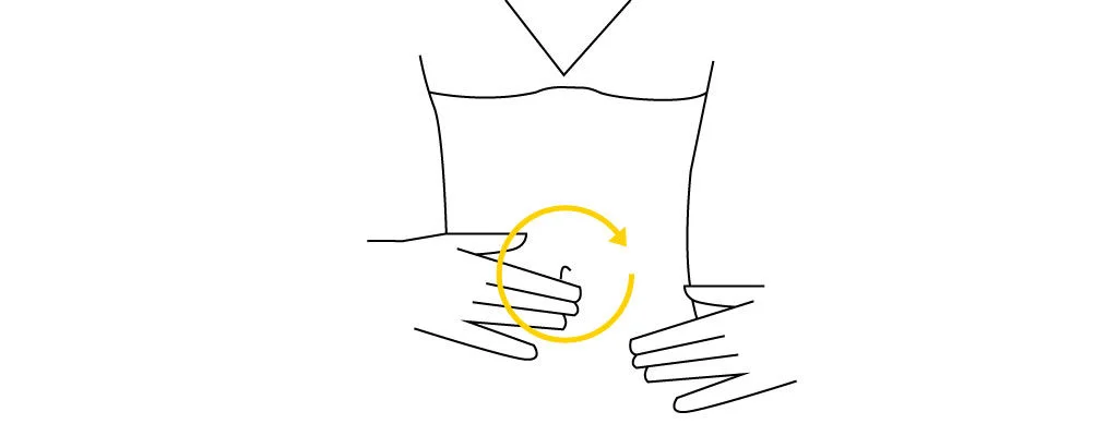 Line diagram of clockwise Mo Fu palm circles around the navel for bloating