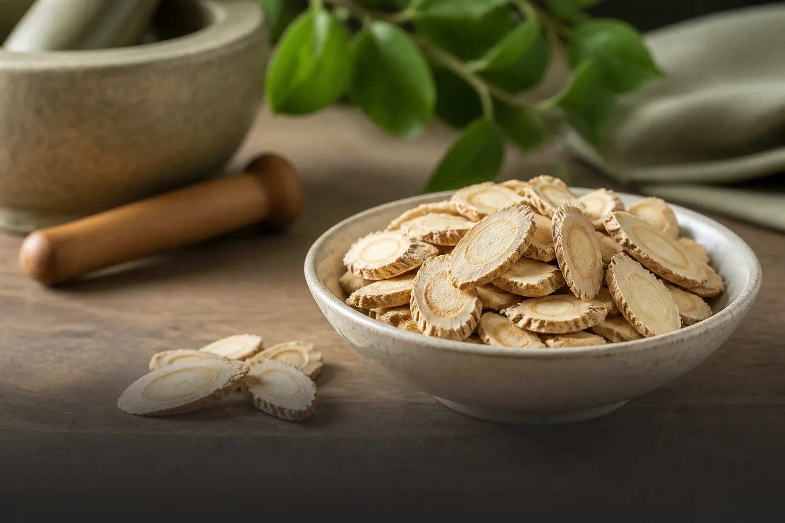 Ceramic bowl of dried Huang Qi astragalus root slices for boosting immunity with TCM