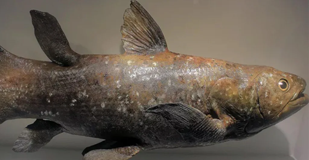 Coelacanth specimen showing lobed fins for cancer genetic mutations evolution