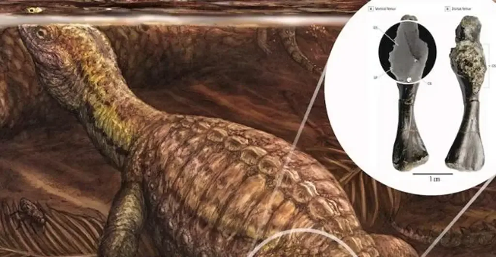 Pappochelys rosinae reconstruction with femoral osteosarcoma fossil inset