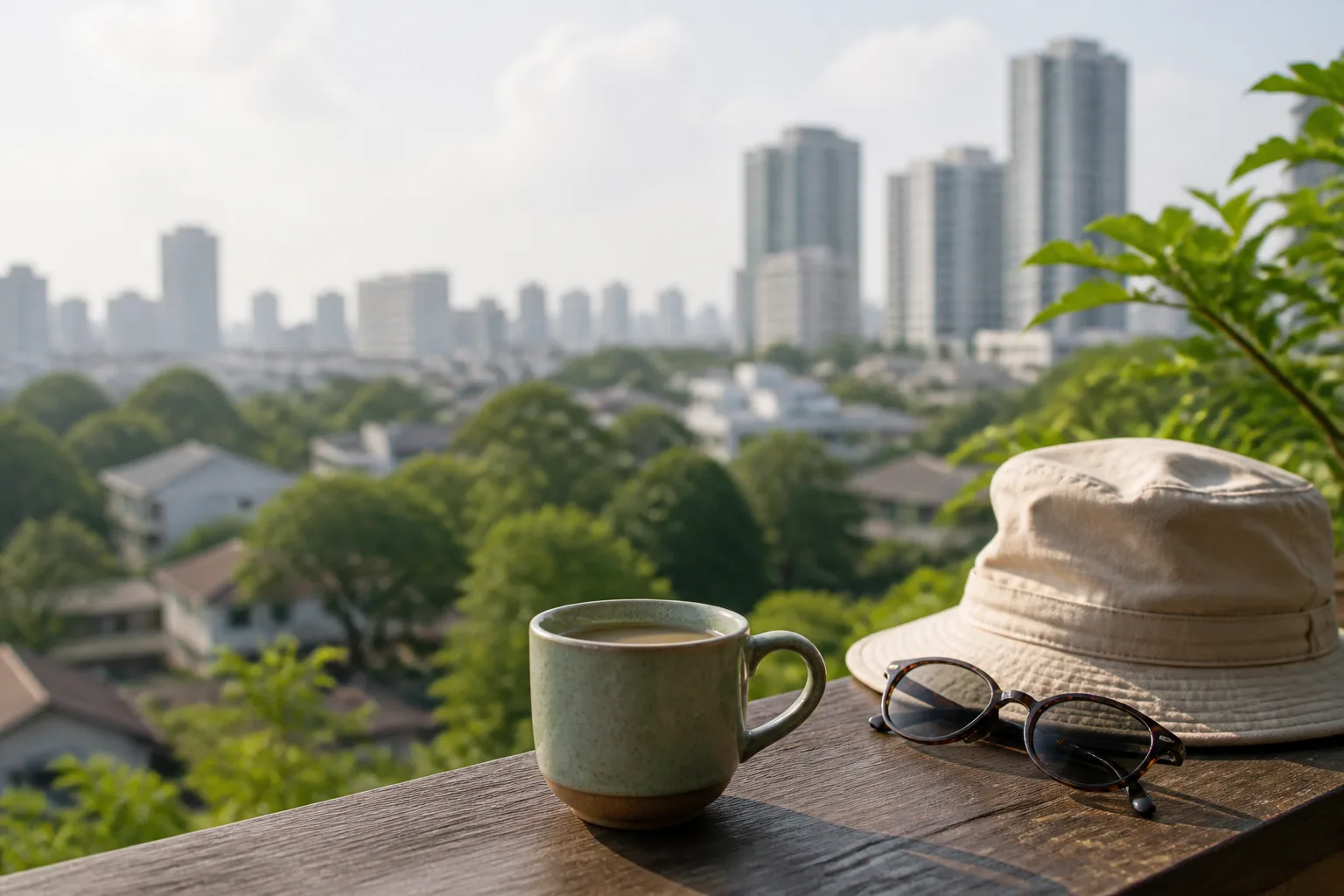 Tea mug, hat and sunglasses in urban daylight for modifiable cancer risk