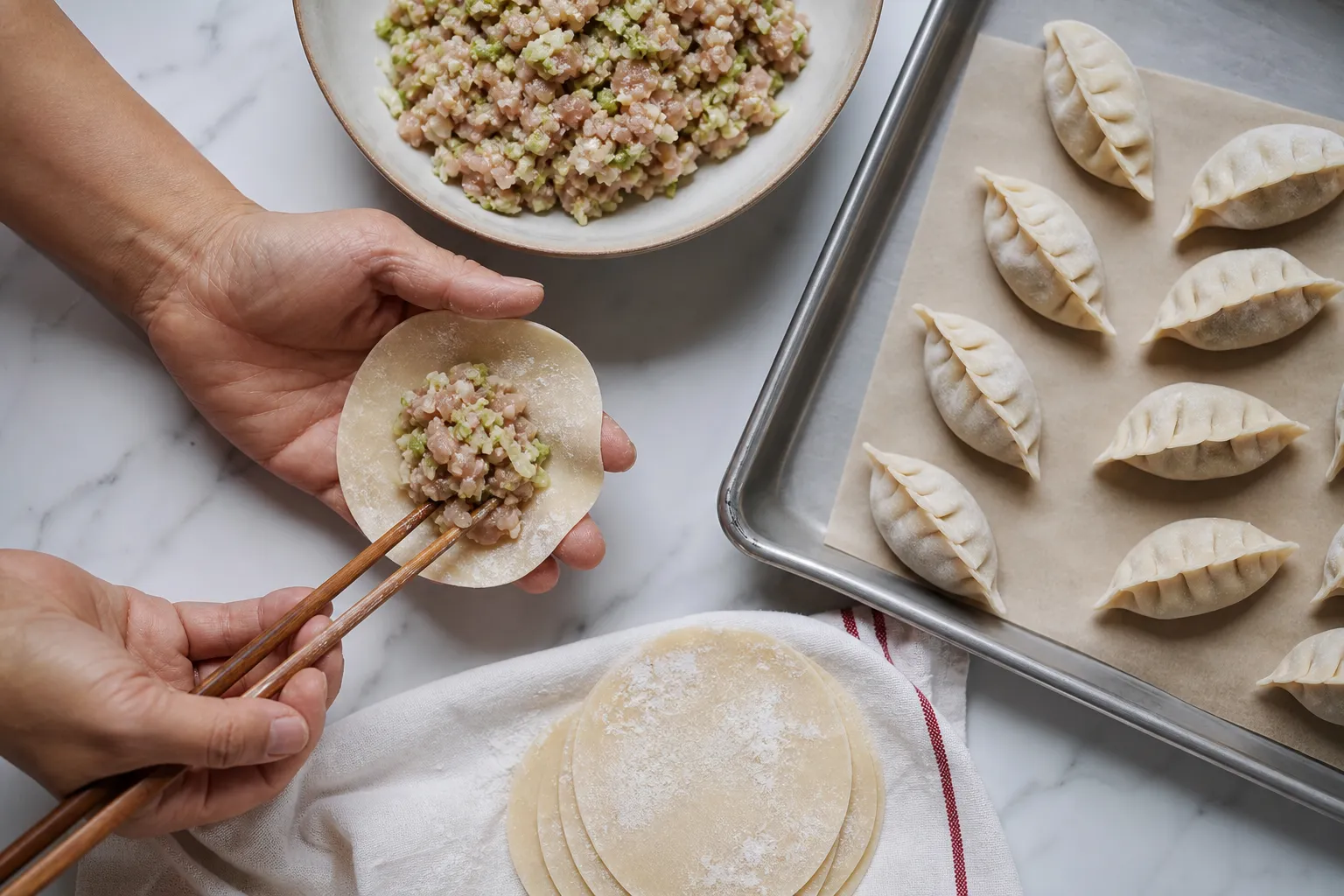 Hands folding dumplings for CNY foods calories at PULSE TCM