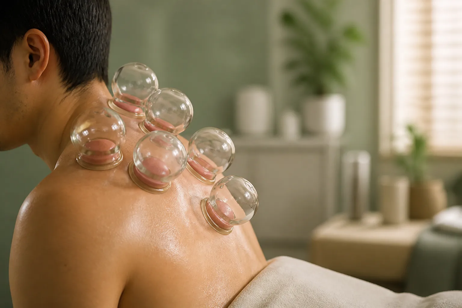 Glass cups on an athlete’s upper back and shoulder during cupping for sports recovery