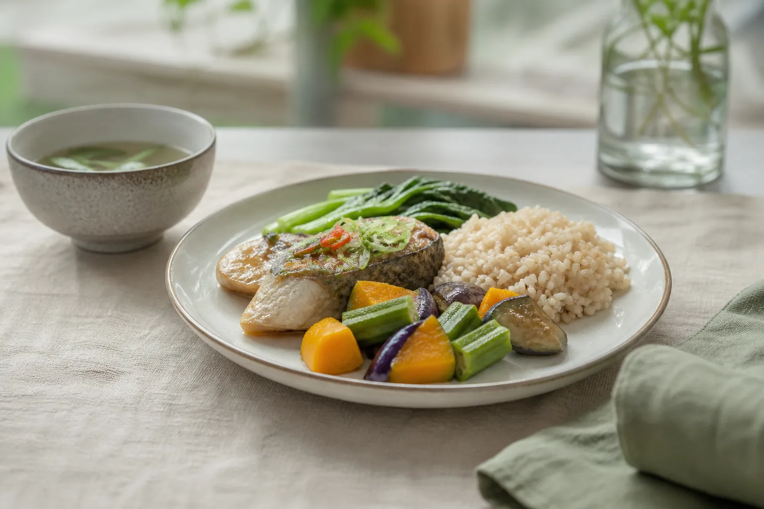 Balanced plate with whole grains, vegetables, and fish for diabetes prevention habits