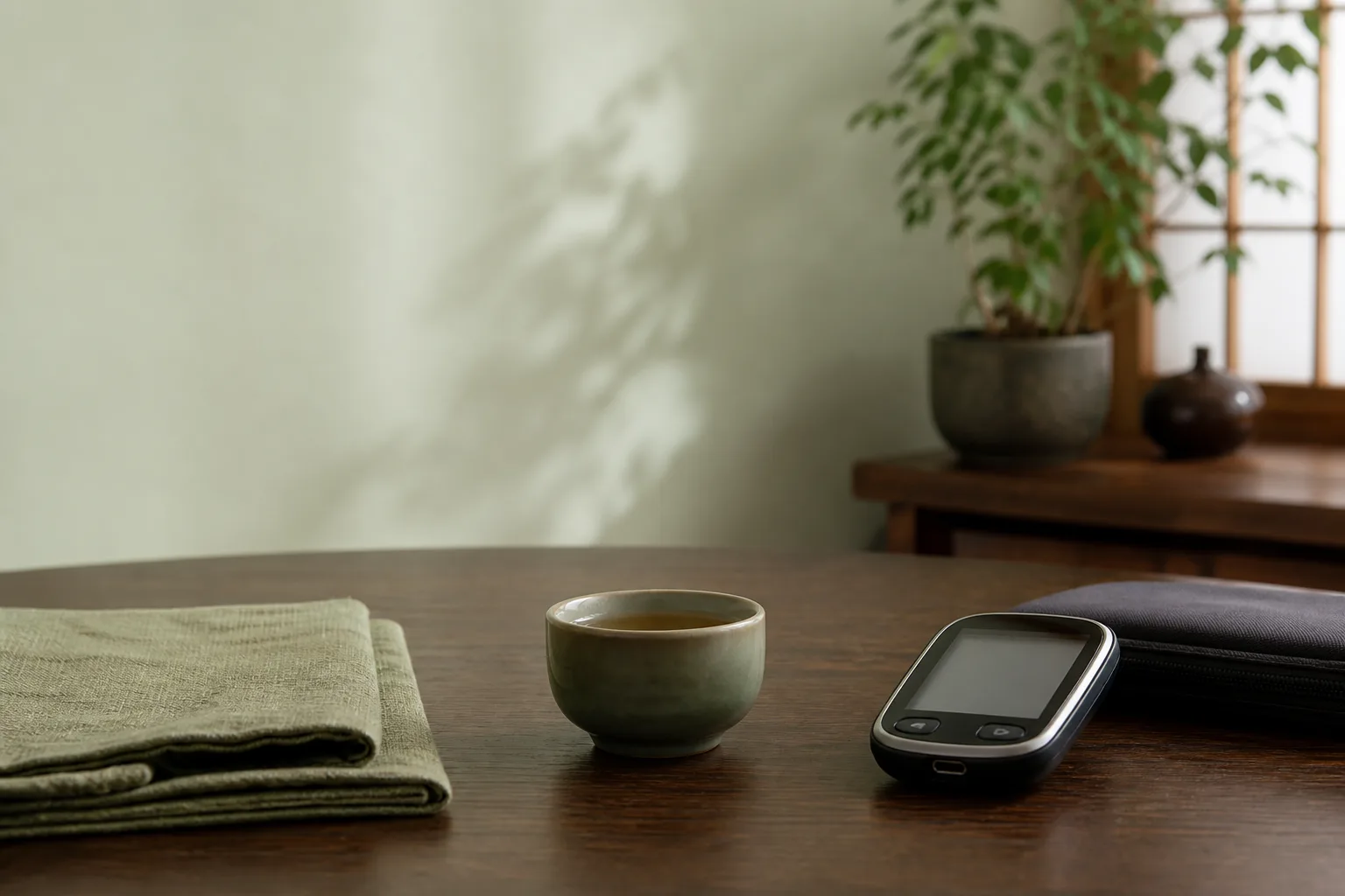 Ceramic herbal cup beside a glucose meter on a sage-mist clinic table