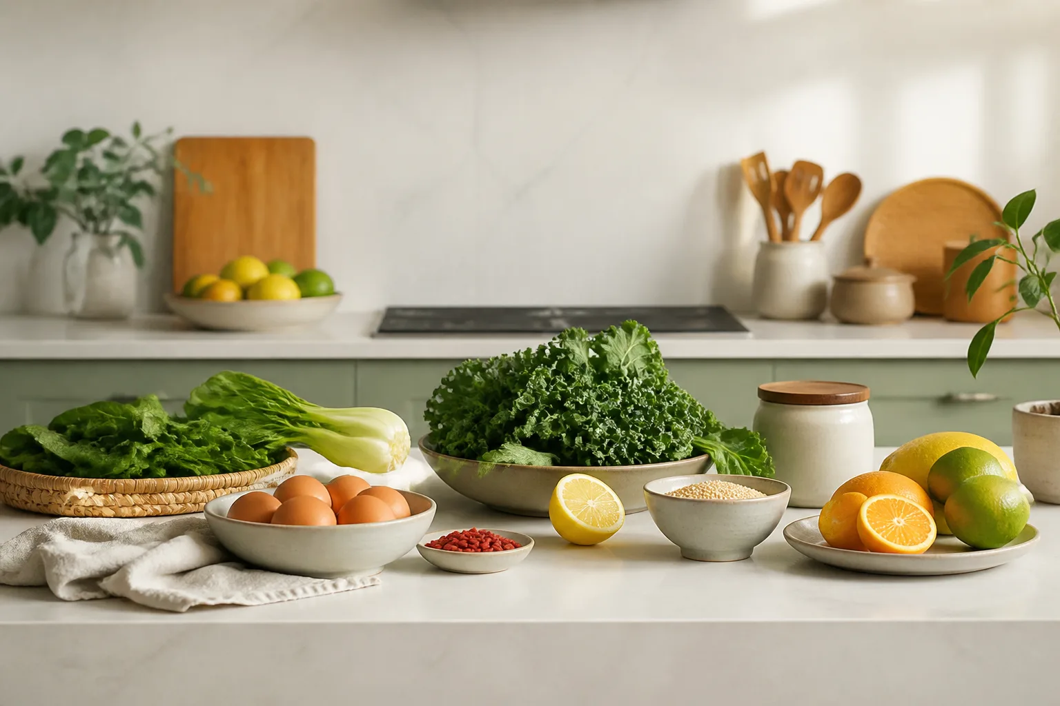 Fresh produce and a quiet kitchen counter for fertility diet preparation