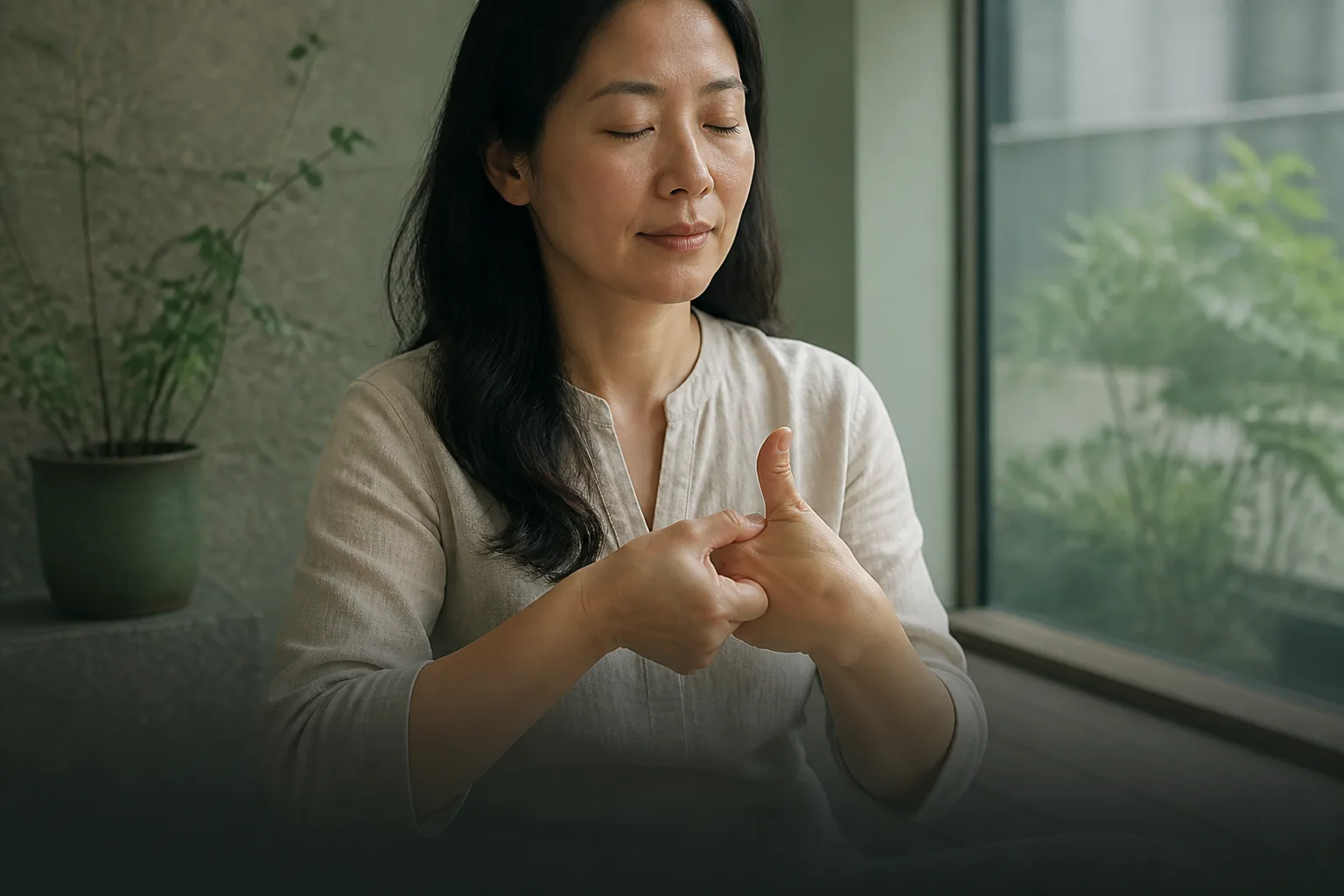 Woman pressing He Gu LI4 in the hand webbing for haze-season headache self-care