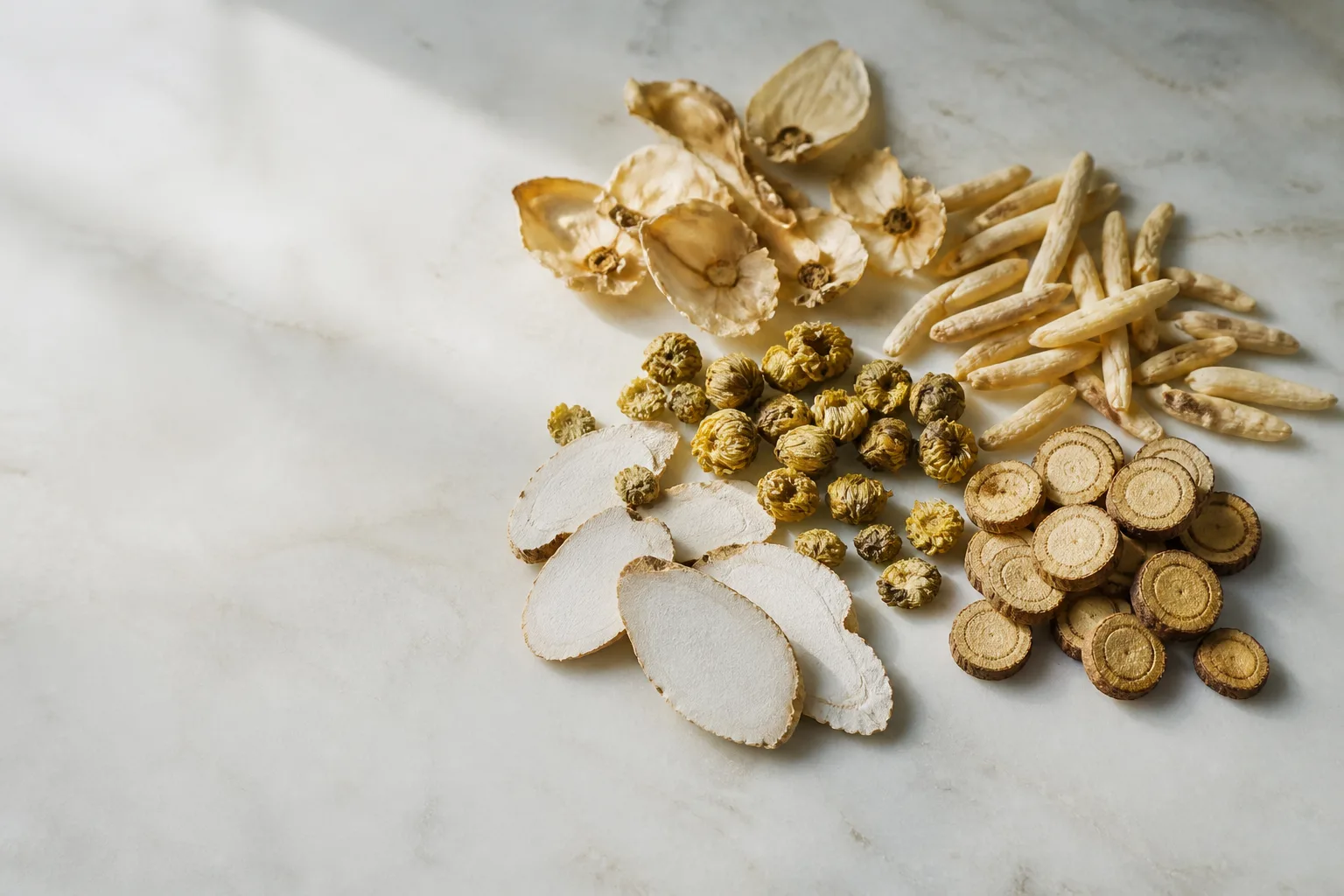 Dried Mu Hu Die, Mai Dong, chrysanthemum, and liquorice on pale linen for haze-season kitchen teas