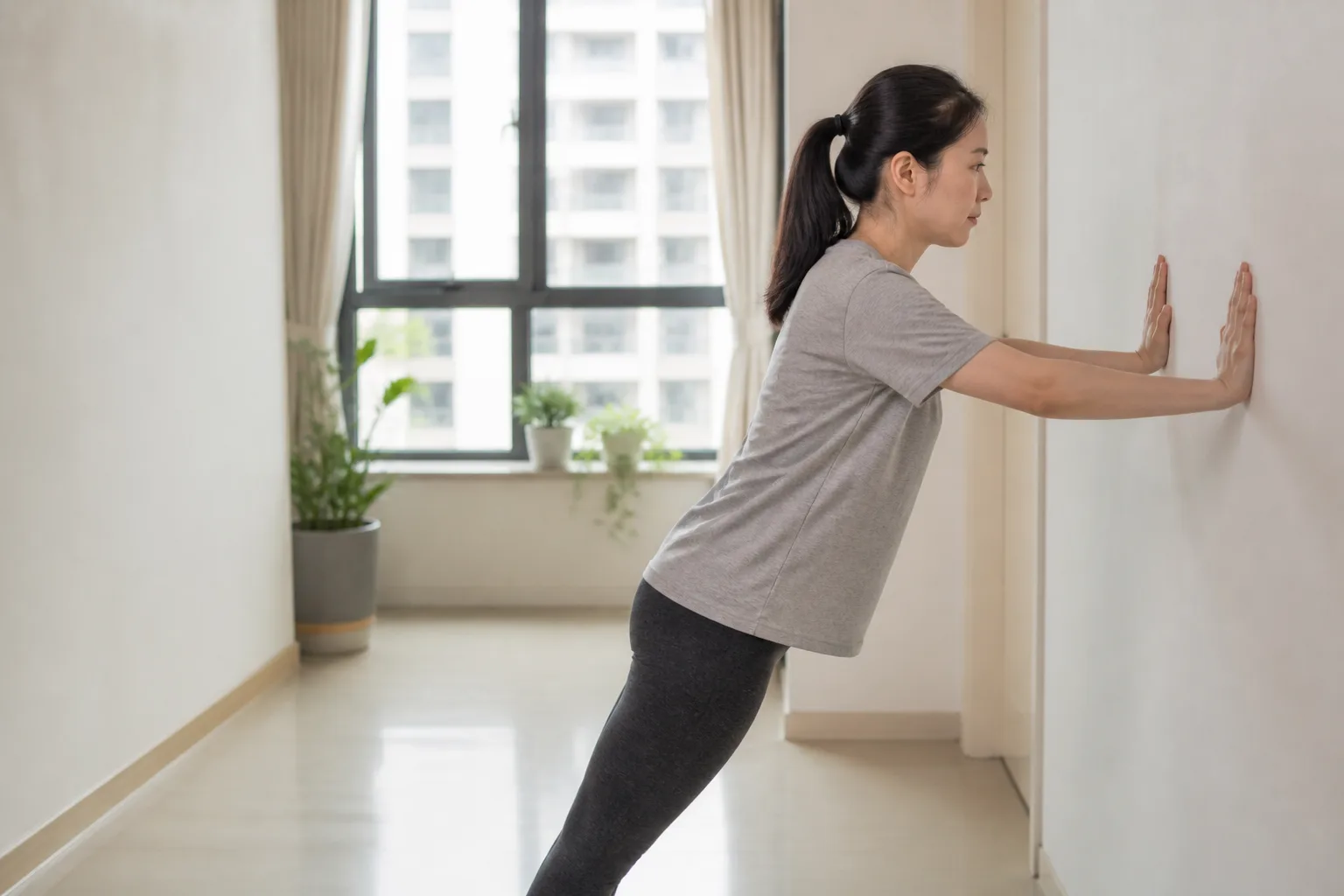 Adult doing a light wall push-up warm-up before vaccination