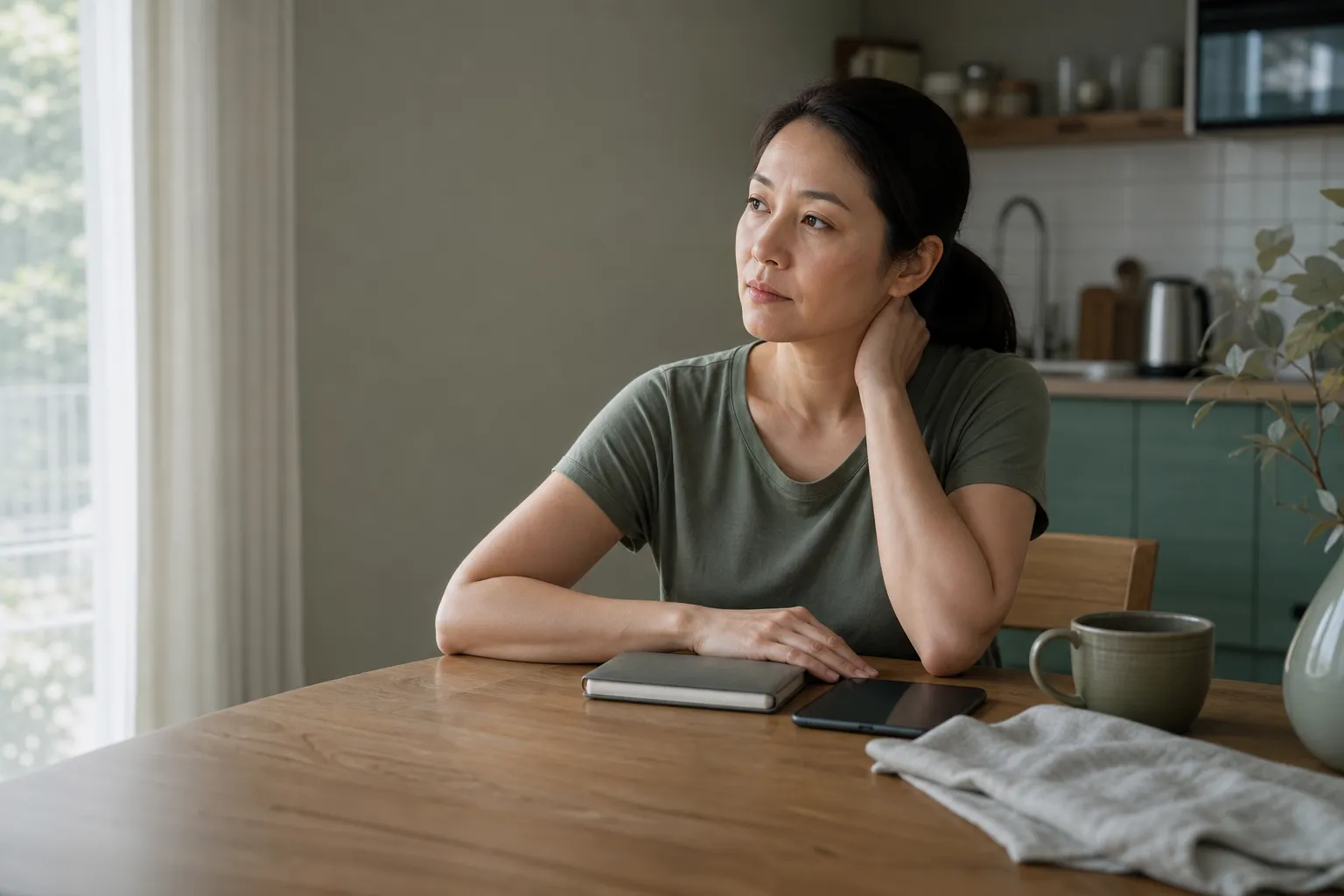 Woman pausing at a kitchen table with a planner and phone, illustrating gender stress gap caregiving load