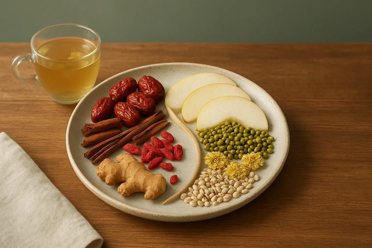 Heaty versus cooling foods on a round kitchen plate at PULSE TCM