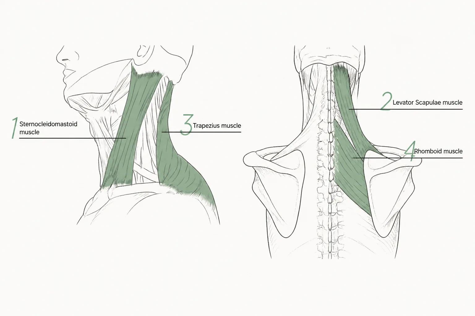 Diagram of sternocleidomastoid, levator scapulae, trapezius, and rhomboid muscles in a stiff neck