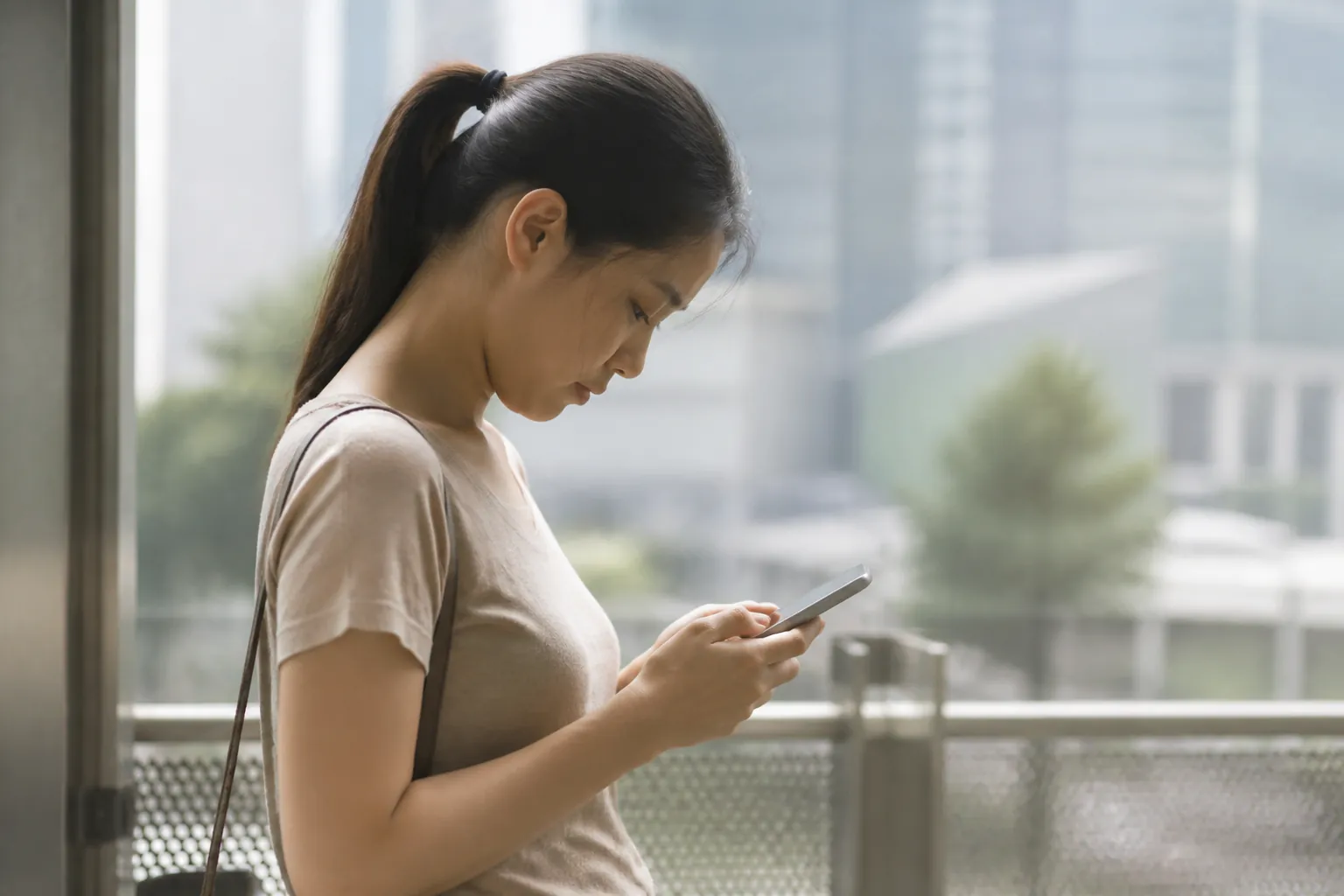 Person looking down at a phone on a commute, a common load for stiff neck