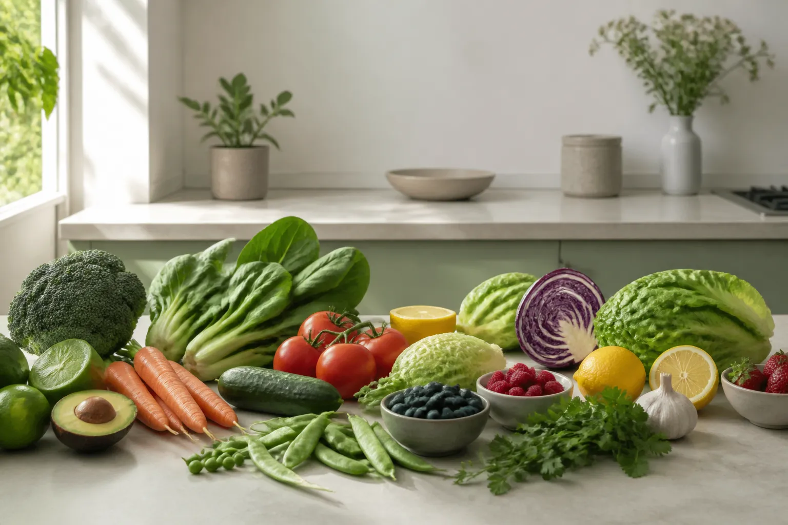 Fresh vegetables, fruit, and leafy greens spread on a pale kitchen board for plant-volume fat loss