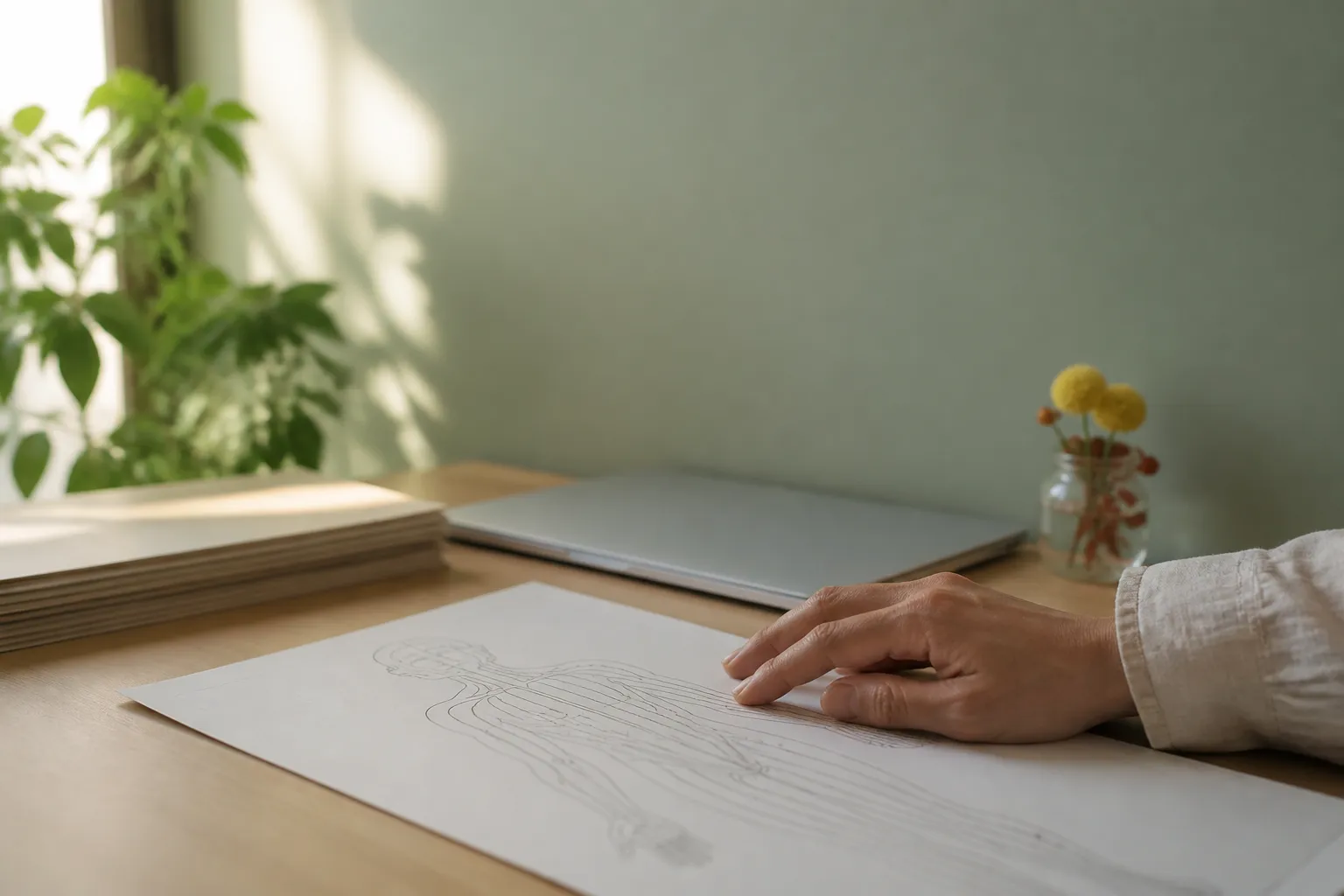 Hand on a meridian chart for TCM wellness insights at PULSE