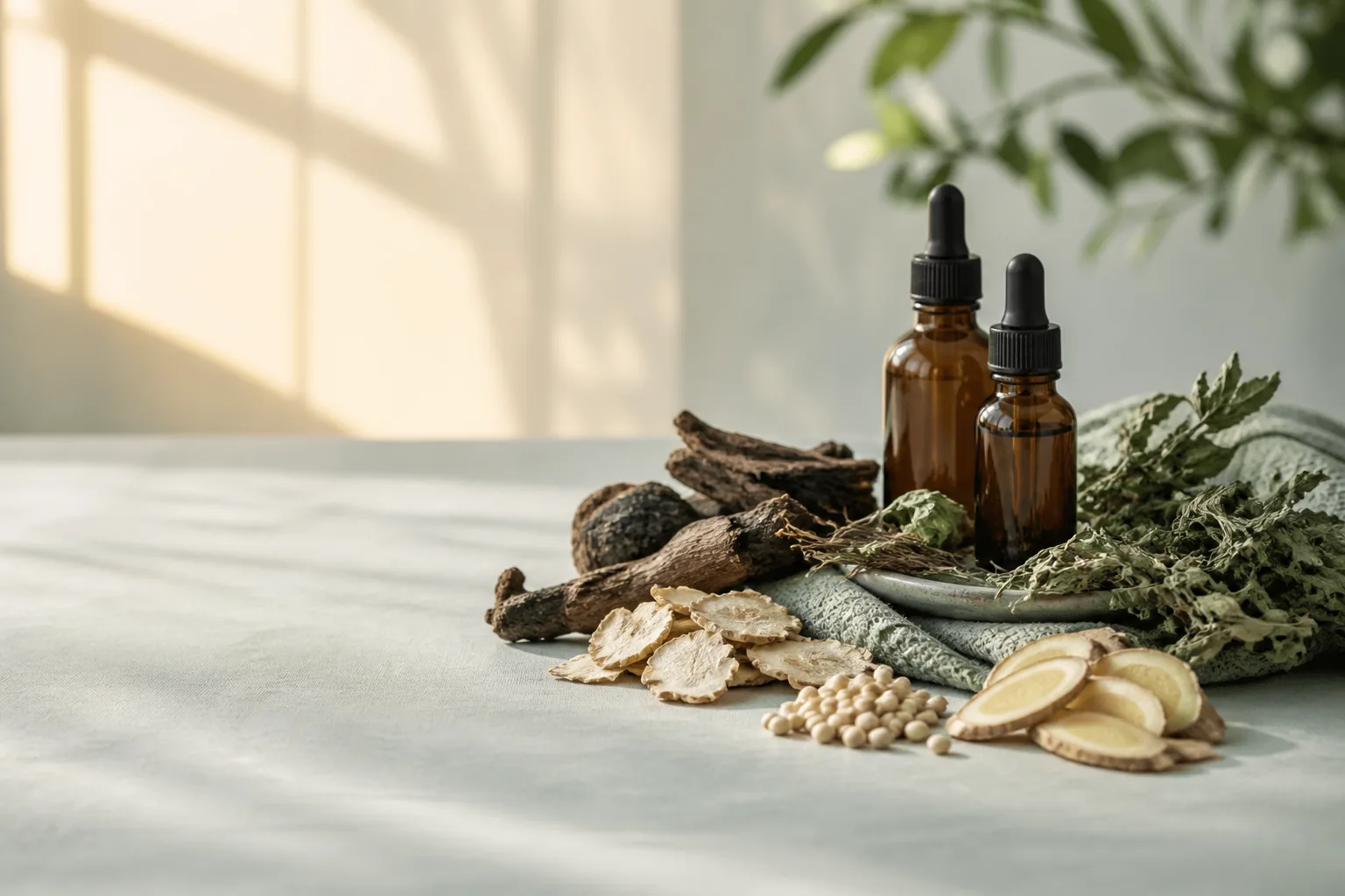 Dried TCM botanicals and PULSE hair tonic bottles for scalp care