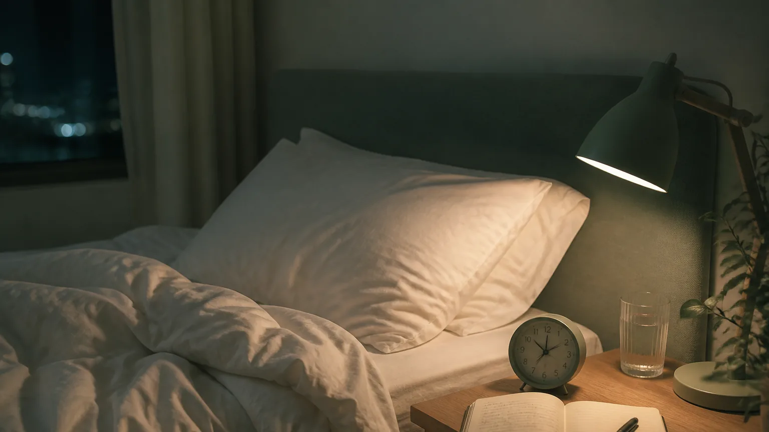 Bedside lamp, clock, and open notebook on rumpled bedding at night, illustrating worry-linked insomnia