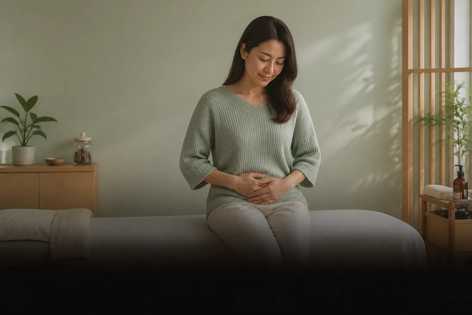 Hands resting on the lower abdomen for menstrual cycle care at PULSE TCM
