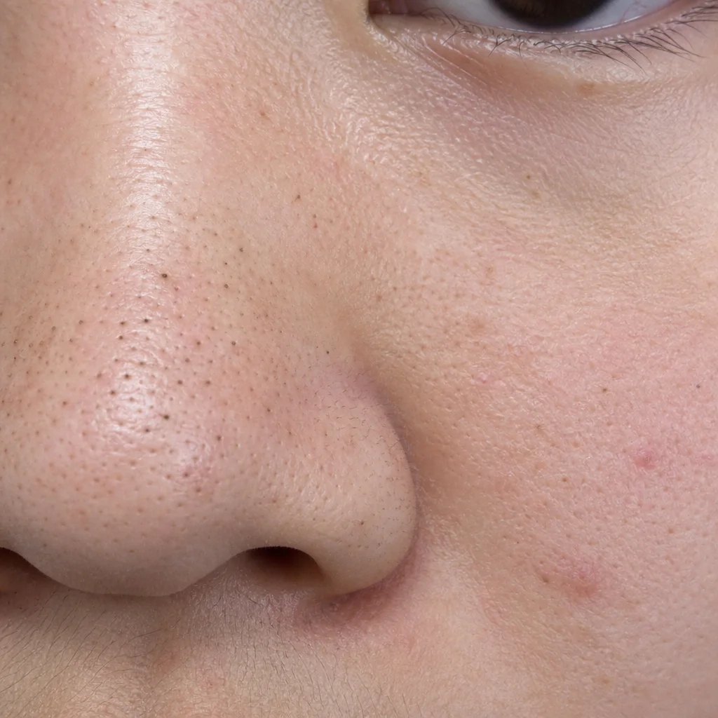 Close-up of open blackhead comedones on facial skin
