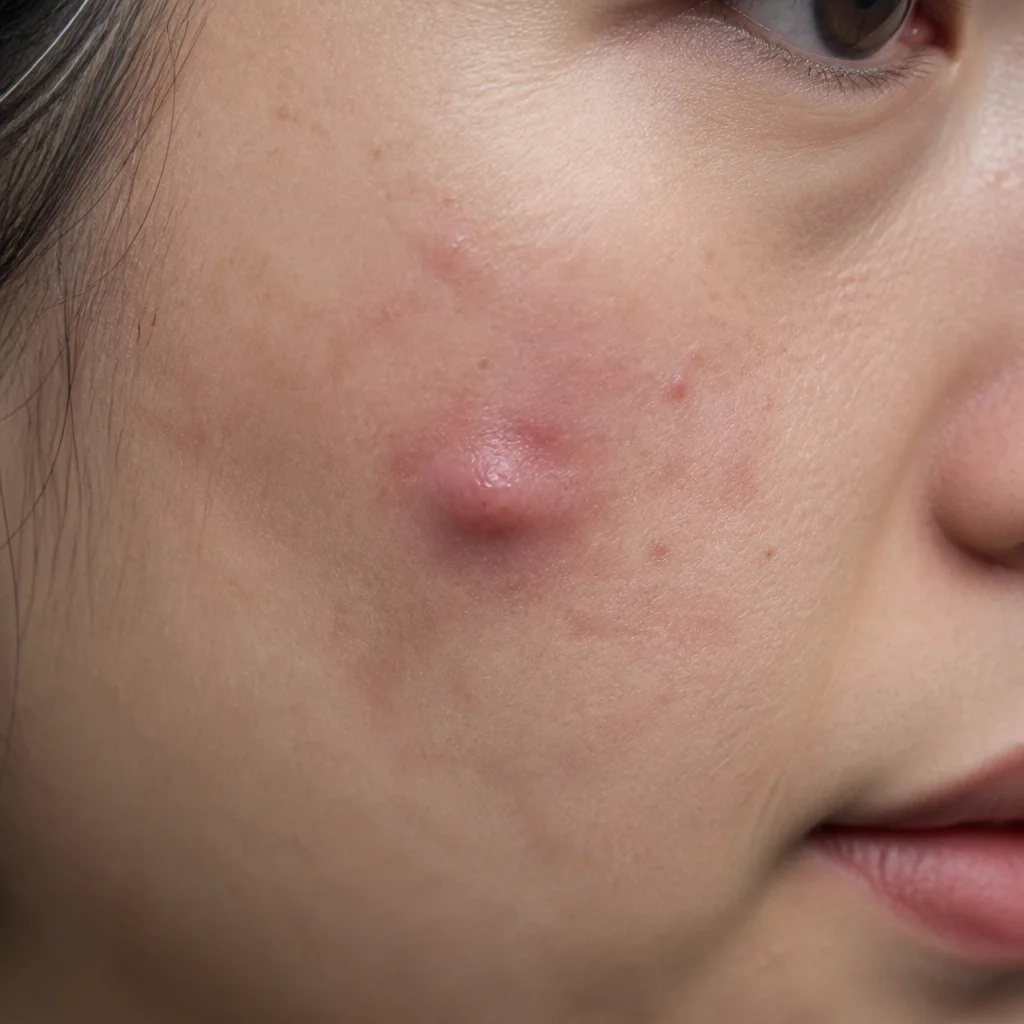 Close-up of a deep nodular acne lesion on facial skin