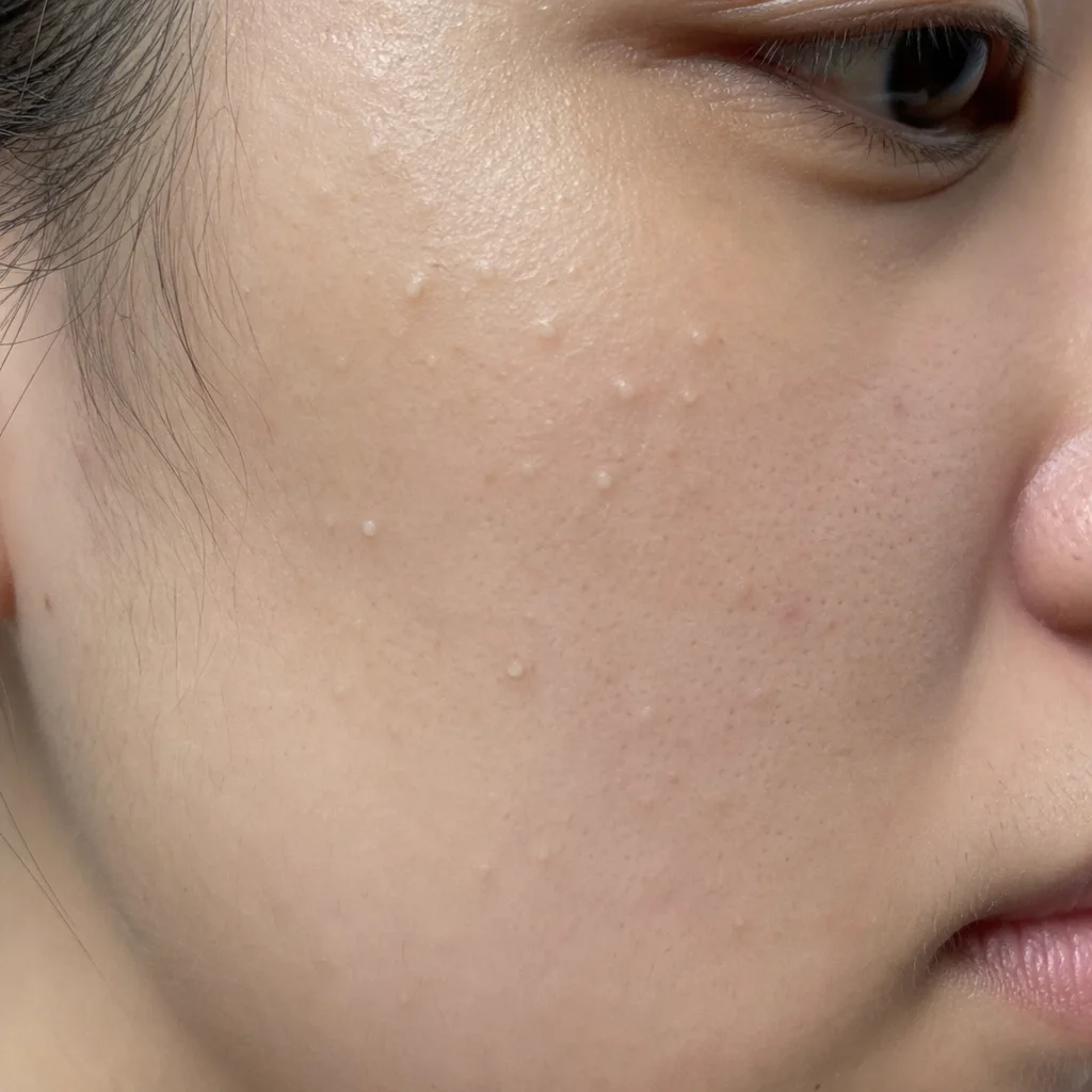 Close-up of closed whitehead comedones on facial skin