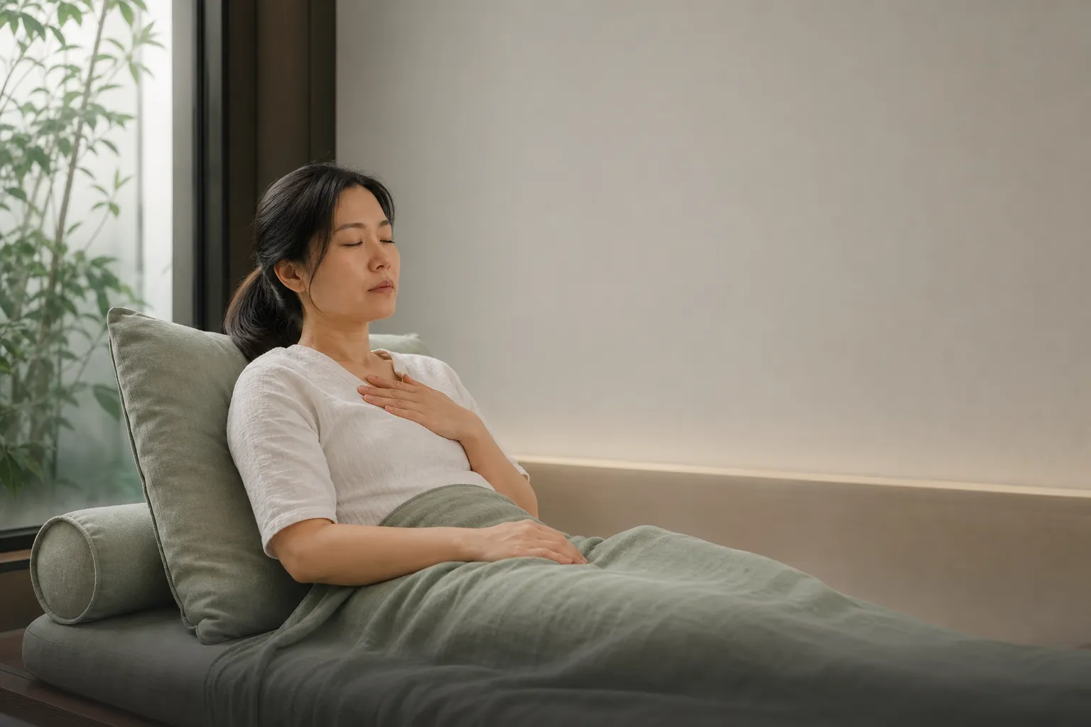 Adult resting after mild effort with a hand on the chest, Long COVID recovery support at PULSE TCM