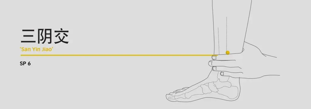 Diagram locating San Yin Jiao SP6 above the inner ankle