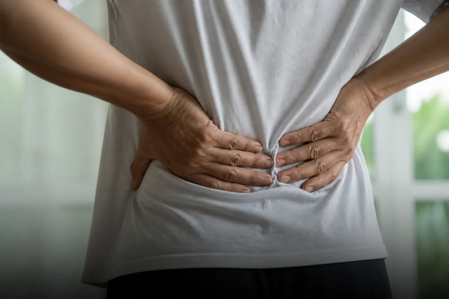Hands holding the lower back at the lumbar region