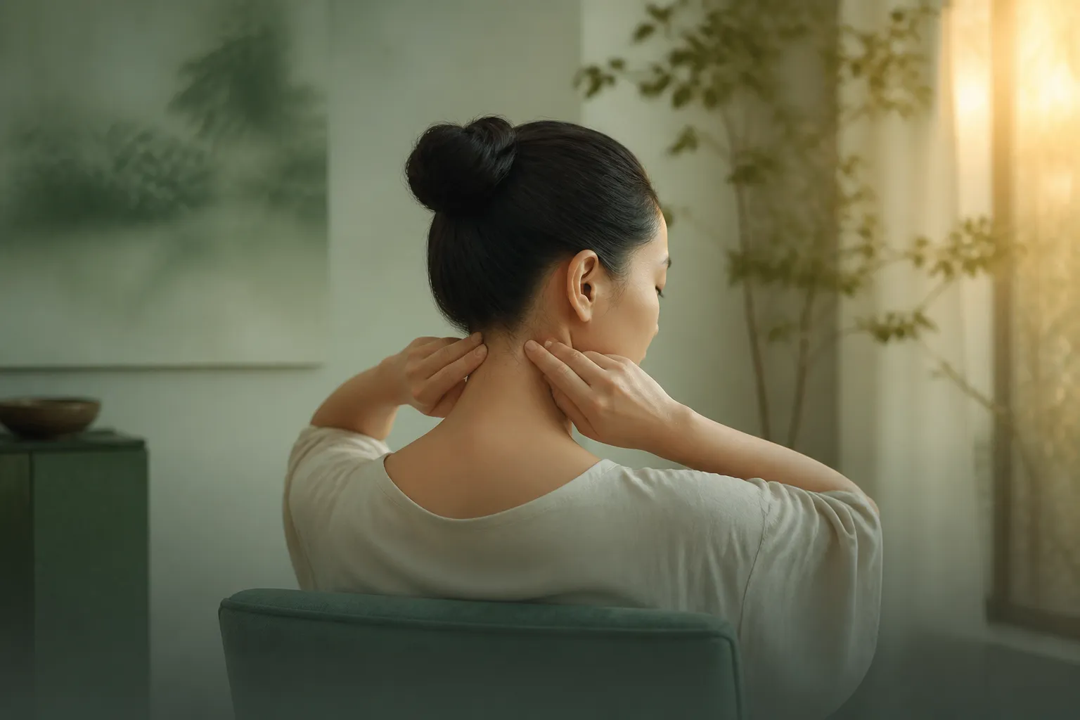 Adult pressing thumbs into the nape hollows for migraine self-care at a calm TCM clinic