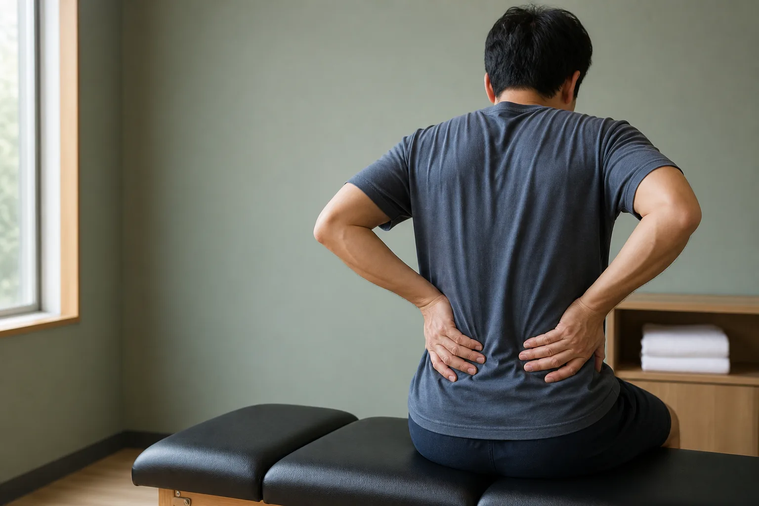 Hands holding the lower back where chronic lumbar pain sits