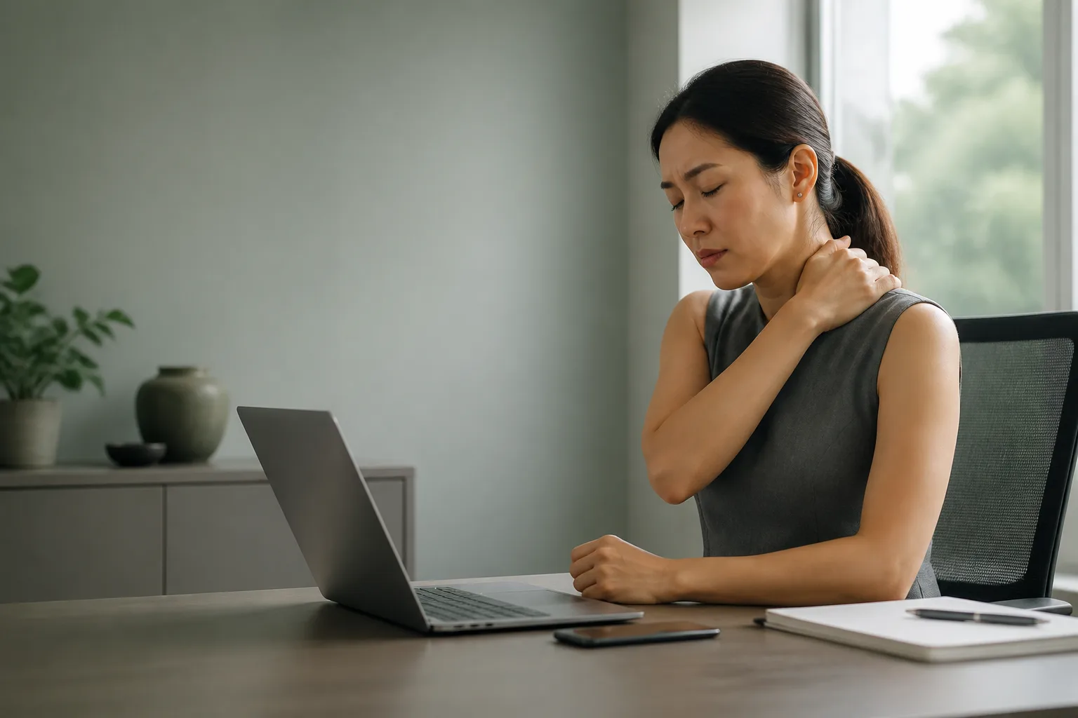 Professional at a desk with raised shoulders, illustrating stress-linked tension at work