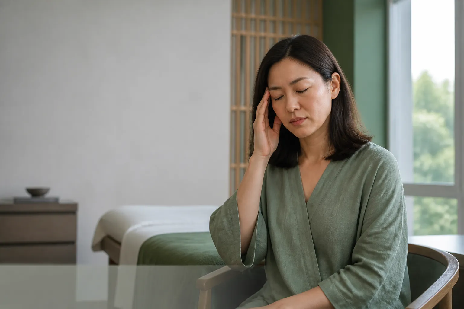 Adult resting fingertips at the temple during migraine care at a calm TCM clinic
