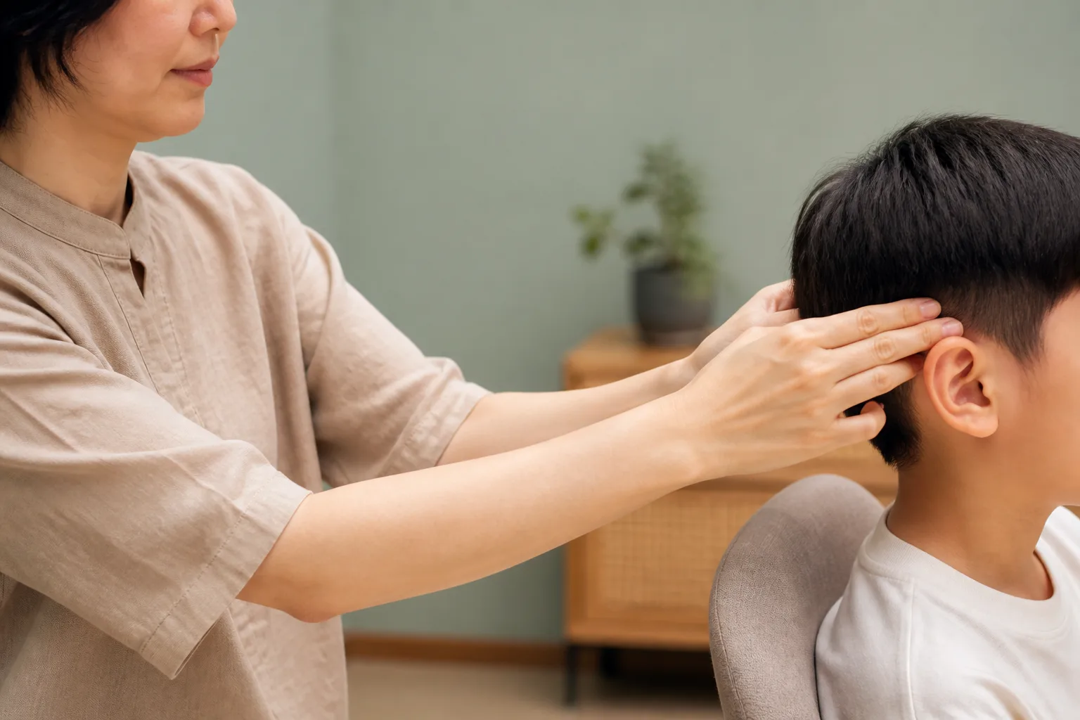 Adult hands demonstrating gentle temple acupressure for paediatric migraine care in a calm TCM clinic