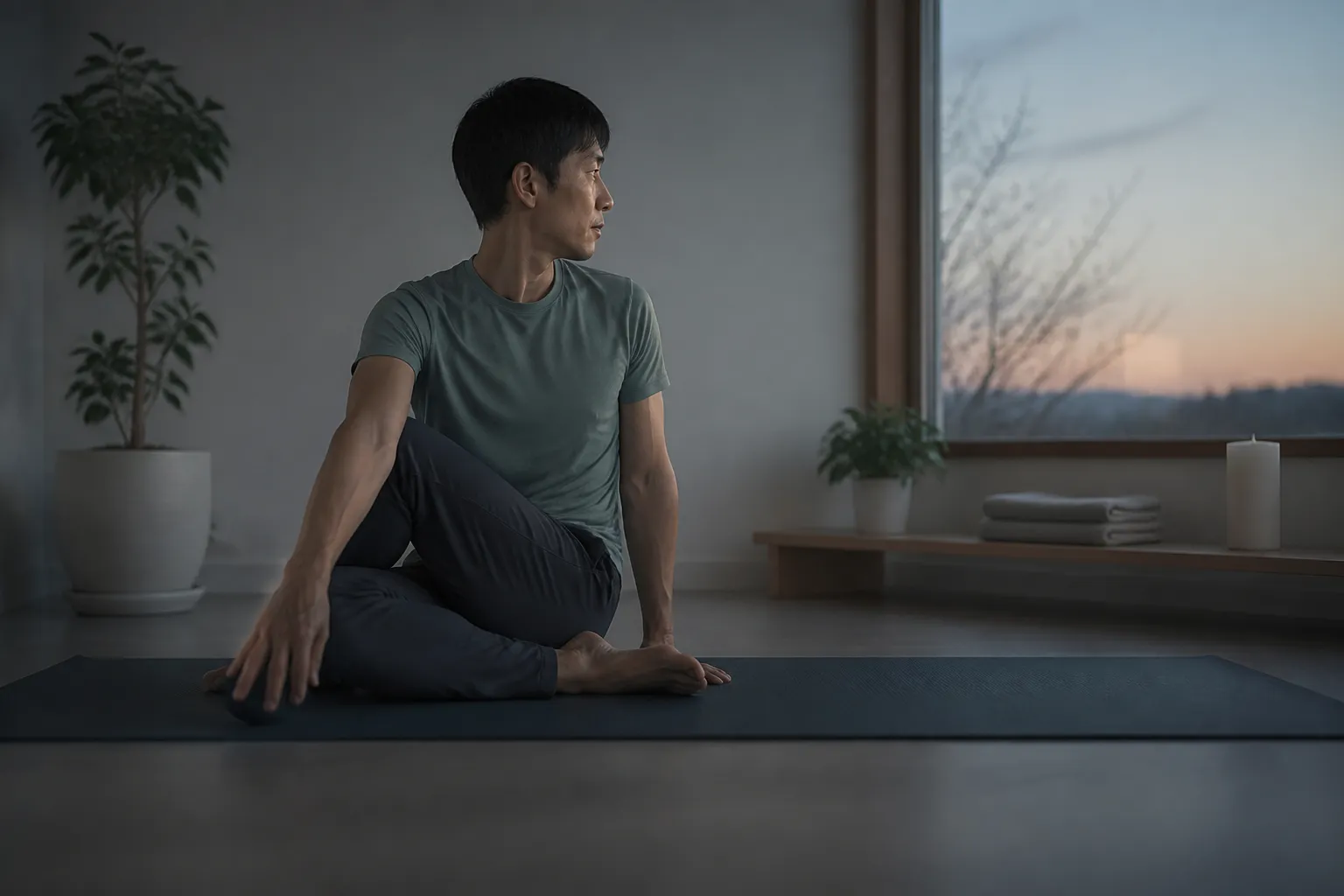 Person stretching on a mat during an evening workout cooldown