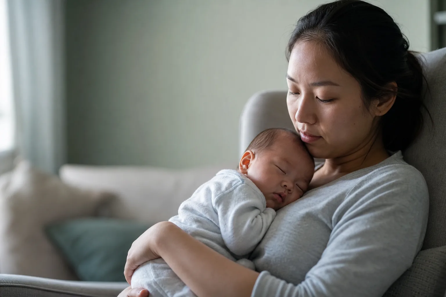 New mother resting quietly with her infant in soft morning light after birth